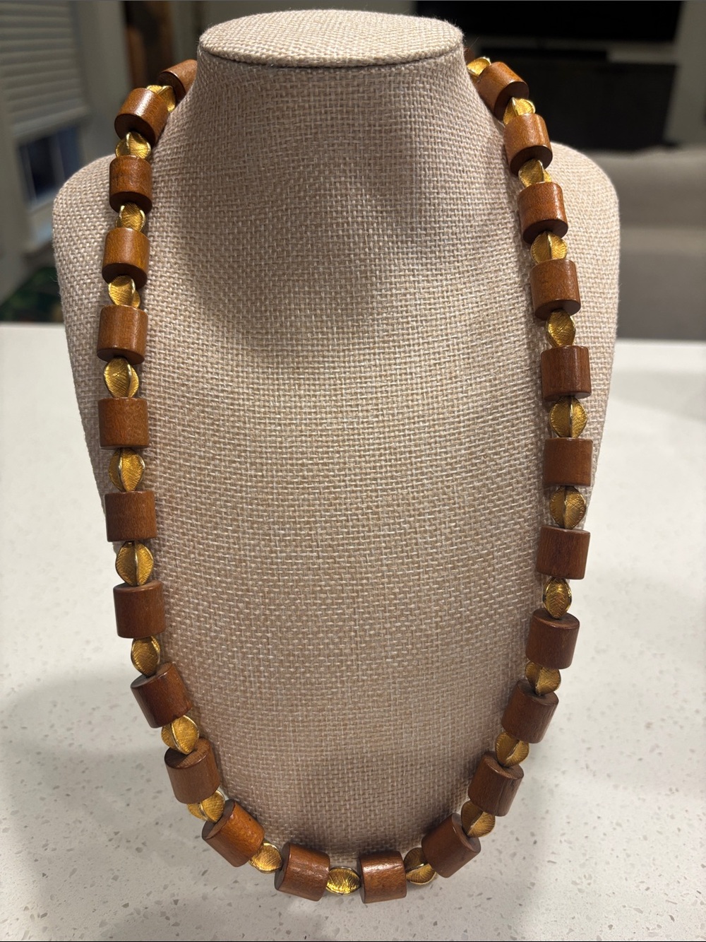 Vintage Signed Hattie Carnegie Wood Tube Bead Necklace Gold Tone Boho 1970s